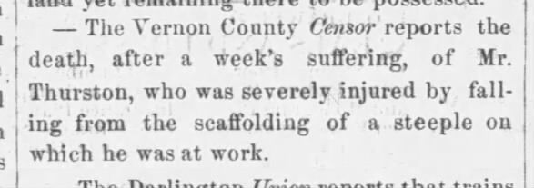 3 July 1868 William Thurston dead after a weeks suffering from falling from steeple